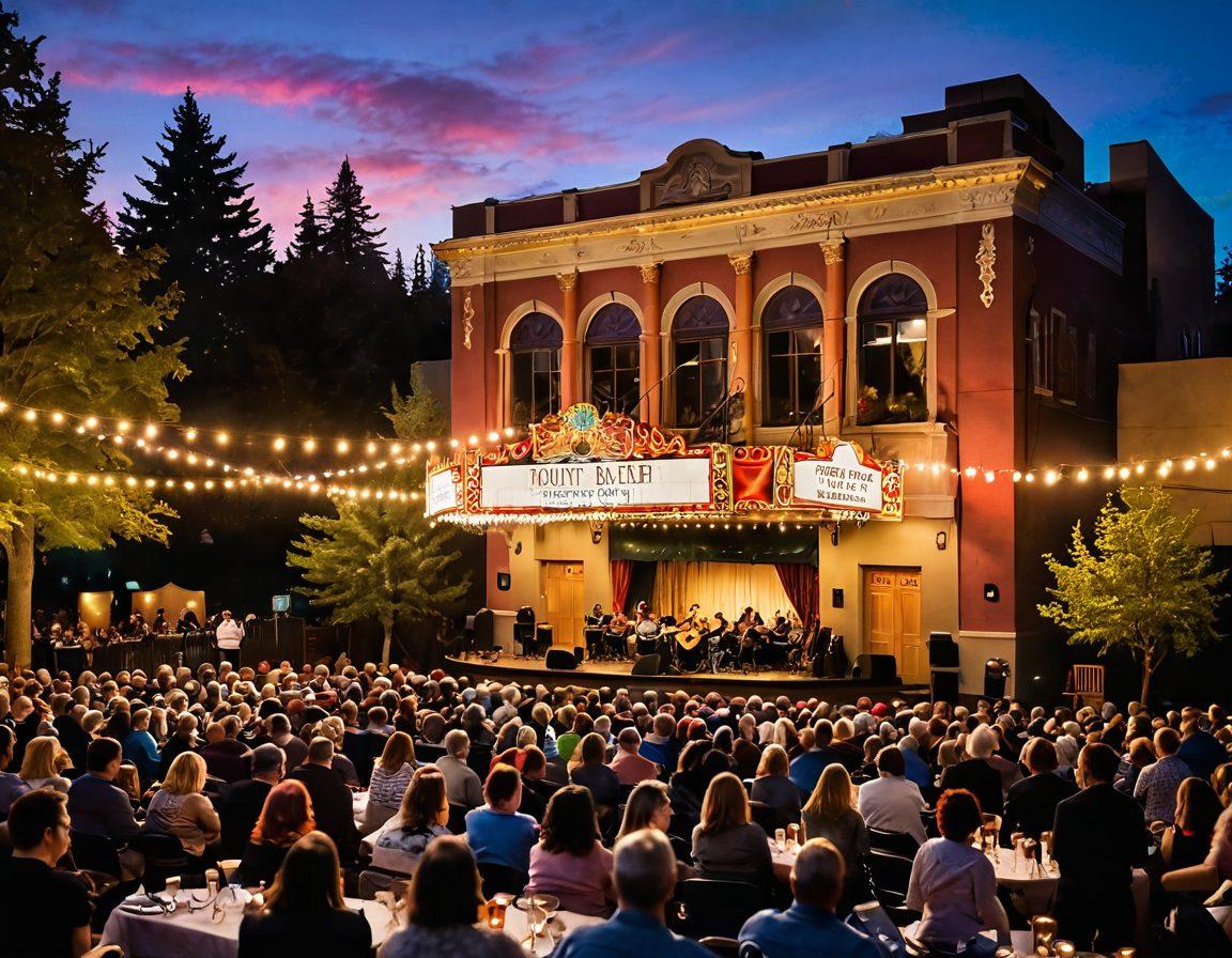 A vibrant scene of a bustling outdoor gathering at Mount Baker Theater, featuring a diverse crowd enjoying a live music performance. Stage lights illuminate excited faces, with colorful banners and floral decorations enhancing the festive atmosphere. In the foreground, musicians passionately playing their instruments. The backdrop showcases the historic theater's charming architecture under a twilight sky. super-realistic. vibrant colors. evening lights.