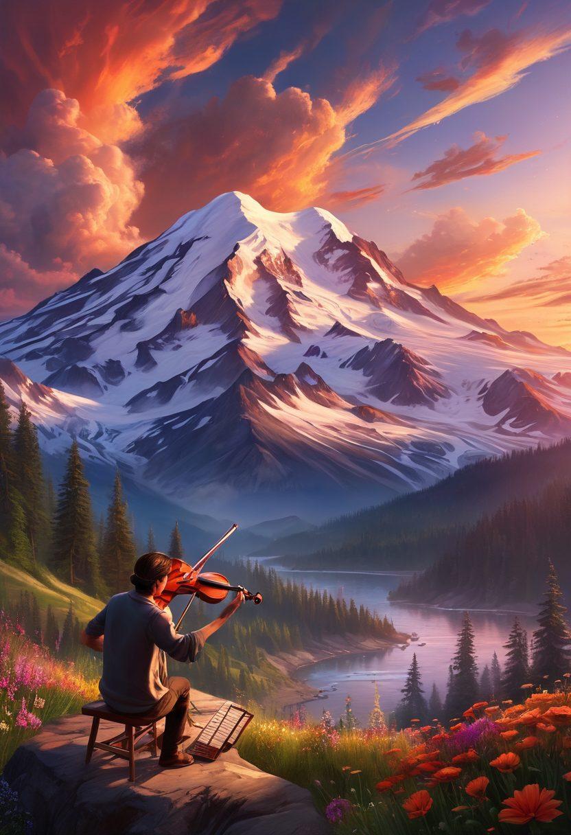 A picturesque view of Mount Baker with a vibrant sunset, where musical notes and art brushes float in the air, symbolizing creativity. The foreground features an artist painting the mountainscape, while a musician plays a violin nearby. Incorporate elements of drama, such as swirling clouds and dramatic lighting that enhances the emotional feel of the scene. super-realistic. vibrant colors. 3D.
